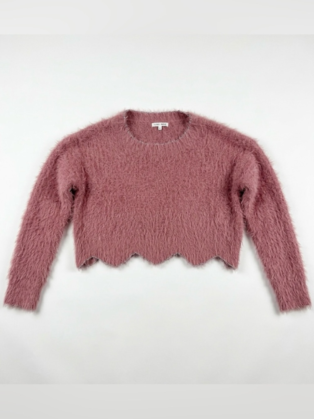 Ivory Rose Pink Eyelash Knit Scalloped Hem Crop Sweater Size Medium - Picture 3 of 17